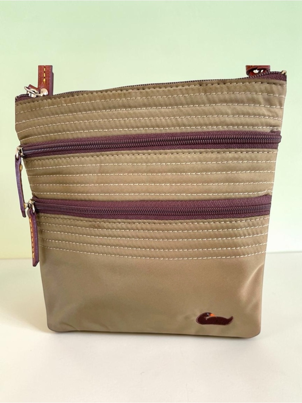 Dooney & Bourke Triple Zip Crossbody Bag Nylon Leather Trim Tan Brown